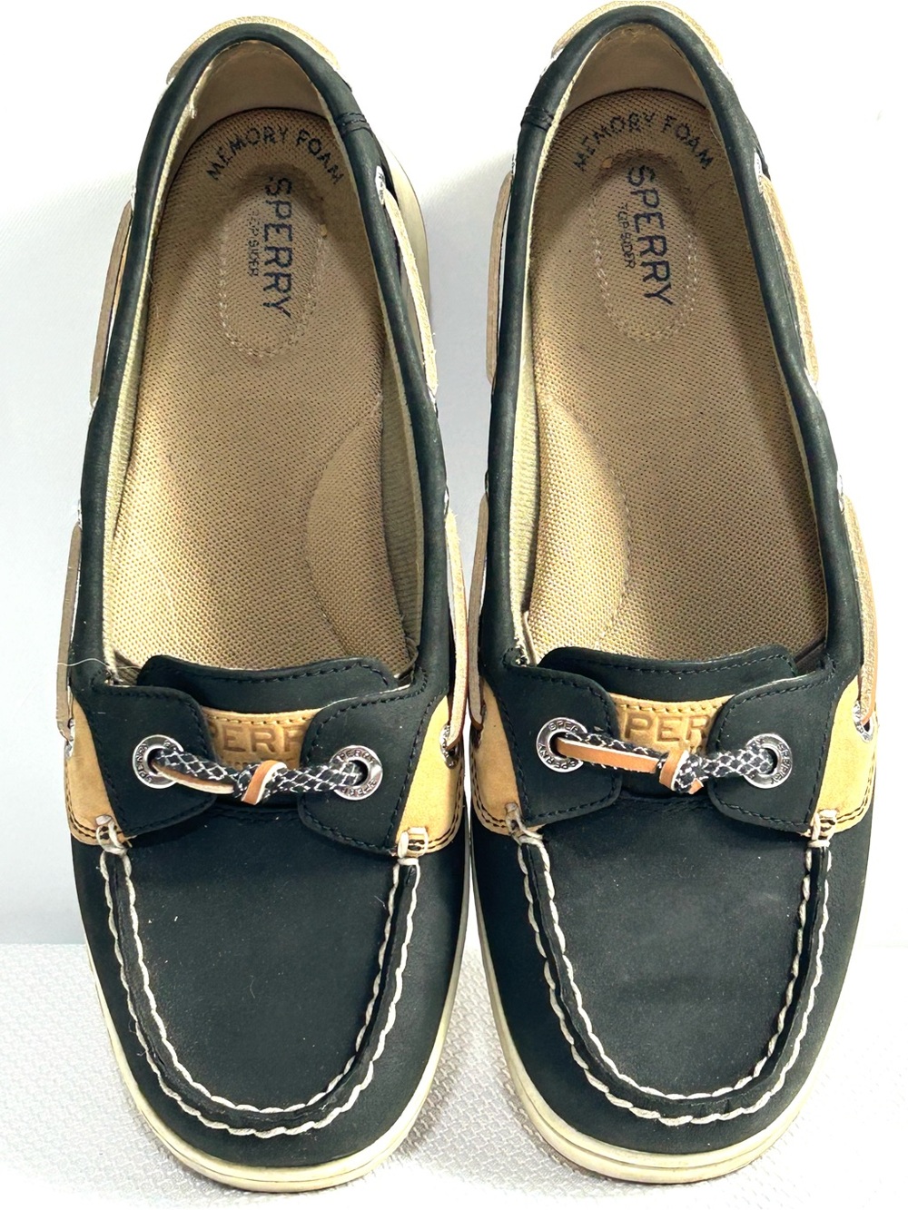 Sperry Women’s Size 8.5 Black Tan Slide In Boat Shoes Preppy Top Siders Canvas